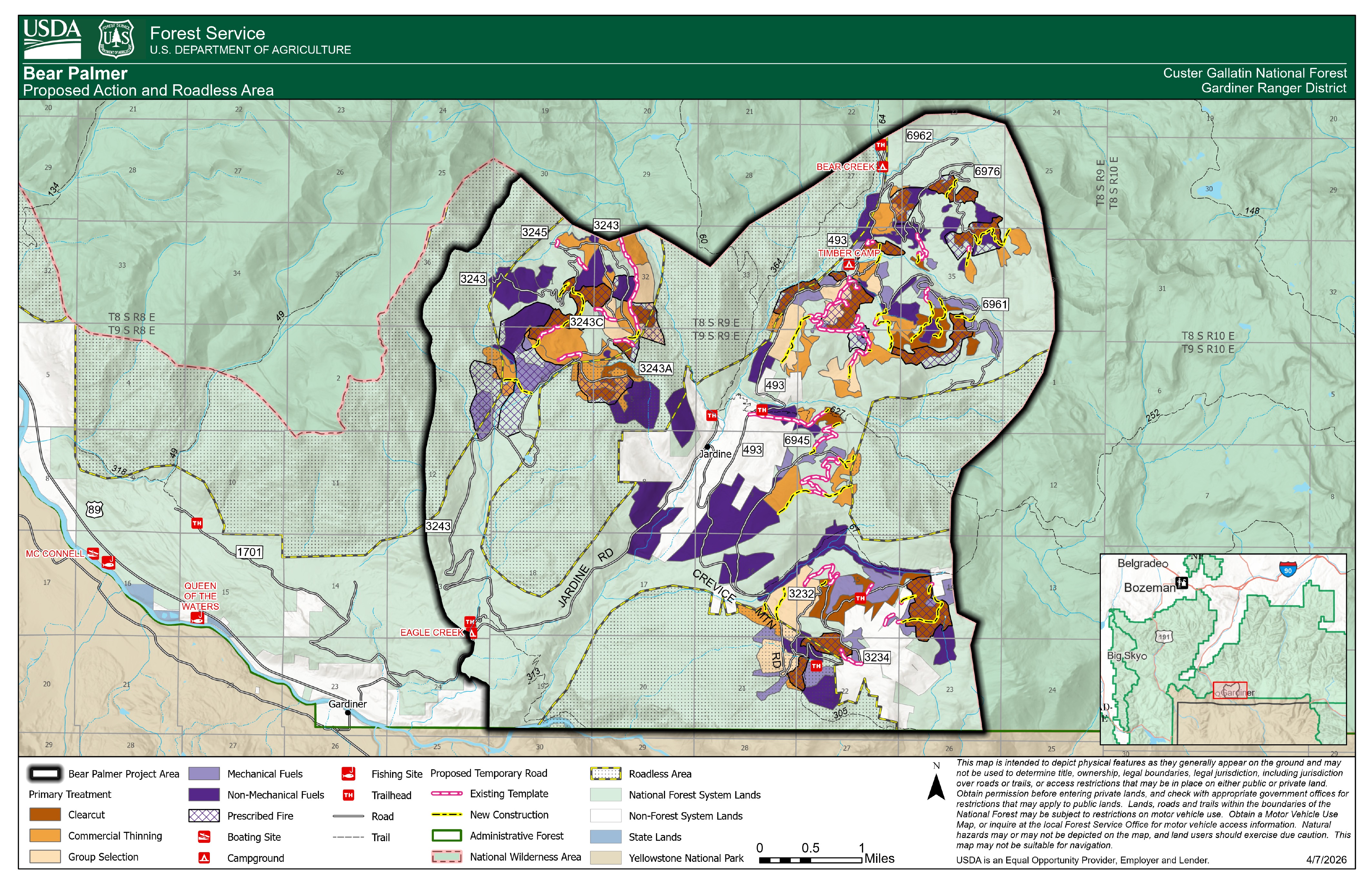 USFS Bear Palmer Forest Health Project - Proposed Action and Roadless Area Map, April 2026 - Custer Gallatin National Forest, Gardiner Ranger District